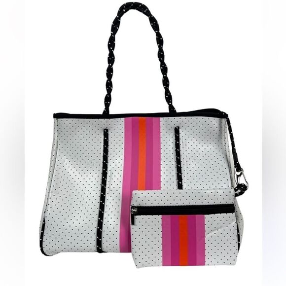 Large Neoprene Tote White,Pink & Black with Wristlet - Picture 1 of 13